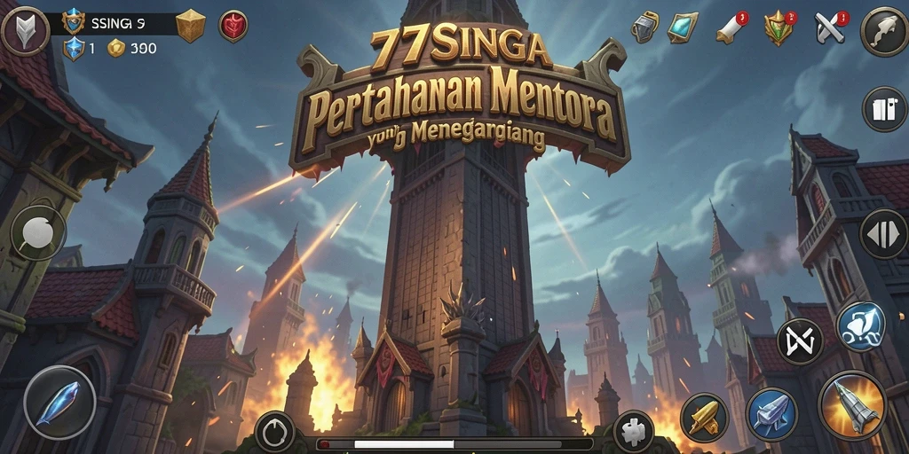 Tangkapan layar 77SINGA menampilkan aksi strategis menara bertahan.