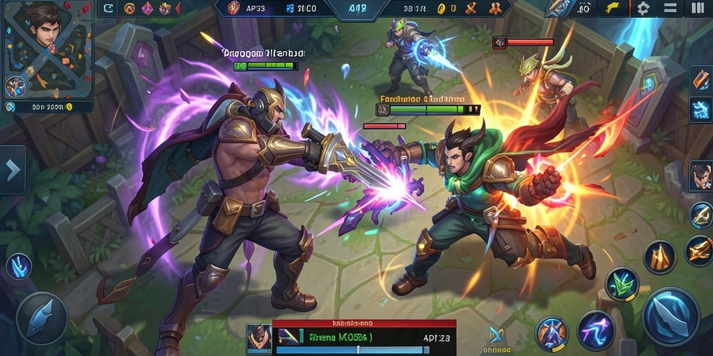 Tampilan menarik pertarungan tim dalam API33 dengan aksi MOBA yang seru.
