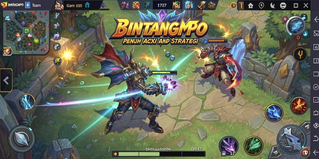 Screenshot gameplay BINTANGMPO dengan aksi seru di medan perang MOBA.