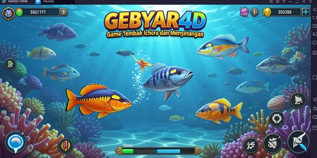 Screenshot utama GEBYAR4D menampilkan aksi seru dalam berburu ikan.