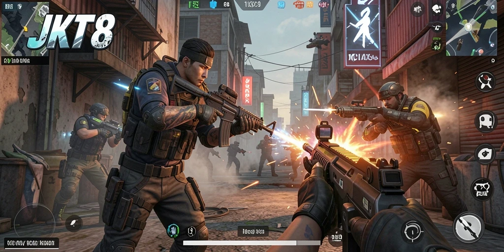 Tampilan gameplay JKT8 dengan aksi tembak-menembak yang seru.