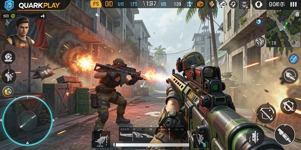Tangkapan layar gameplay <strong>QUARKPLAY</strong> menunjukkan aksi tembak-menembak yang mendebarkan.