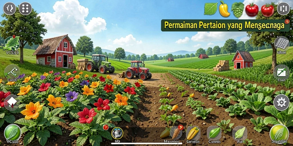 Tangkapan layar menunjukkan ladang yang subur dan penuh bunga.